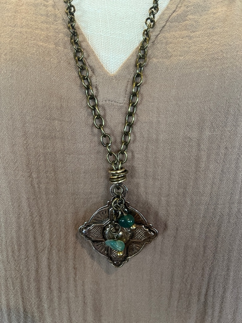 Antique Brass Long Pendant Necklace with Jadestone Accents